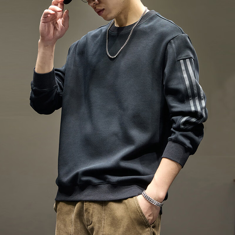 新百伦高端重磅卫衣男士秋冬新款圆领长袖t恤加绒加厚外套男内搭打底衫 1334黑色 常规 XL 码【合适145-160斤】