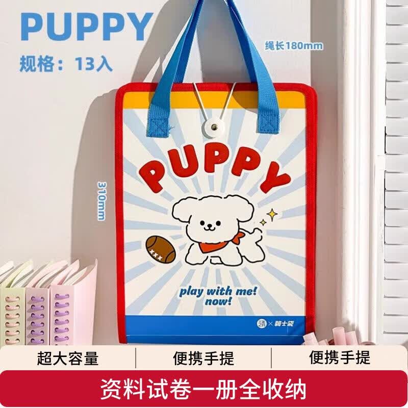三年二班手提风琴文件夹学生文具大容量插页收纳册高颜值档案袋初高中13入科目分类试卷收纳袋资料袋试卷夹 小狗puppy