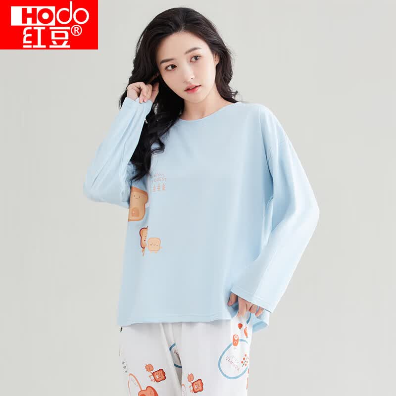 红豆（hongdou）睡衣女纯棉长袖家居服可爱印花套头圆领可外穿套装C1-28海盐蓝165怎么看?