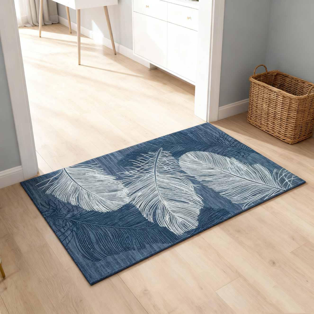 欧纶斯（Oulens）新年地垫脚垫卧室入户门垫浴室卫生间厕所厨房客厅地毯可水洗裁剪 蓝色羽毛 80cm*50cm 【耐磨耐脏丨平绒款】