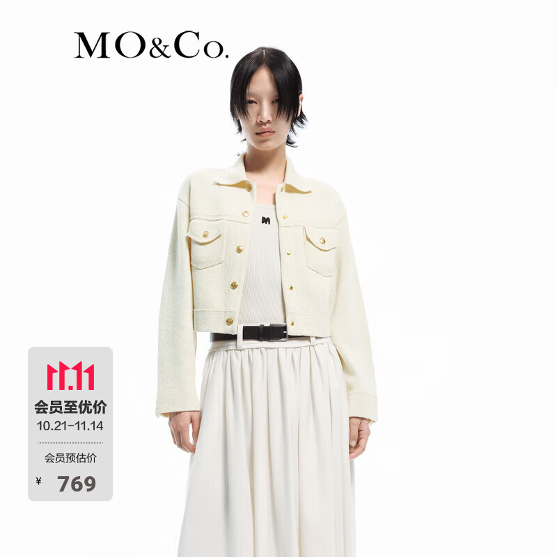 MO&amp;Co.春秋复古MC金扣对称袋盖翻领短款毛织外套摩安珂 米白色 S 160