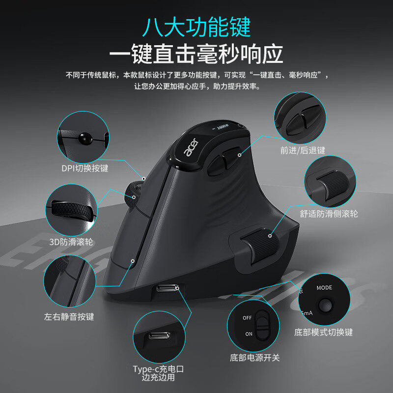宏碁（acer）OMR274人体工学双滚轮垂直鼠标无线蓝牙三模有线可自定义按键鼠标宏静音鼠标办公电脑中大手可充电 深灰色（可自定义按键鼠标宏/双滚轮）