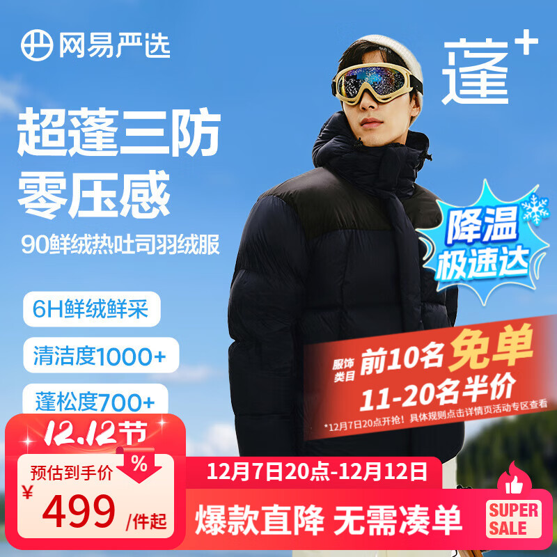 网易严选【断码清仓】热吐司pro三防超蓬零压加厚90白鸭绒鲜绒面包 水墨蓝-连帽拼色 L