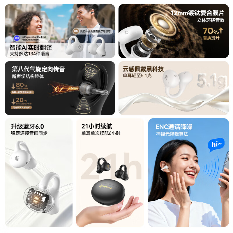 BUGANIFit B17耳夹式蓝牙耳机 同声翻译AI降噪骨传导概念开放式不入耳运动通勤学生适用苹果小米 白色 （AI同声翻译-支持134种语言）