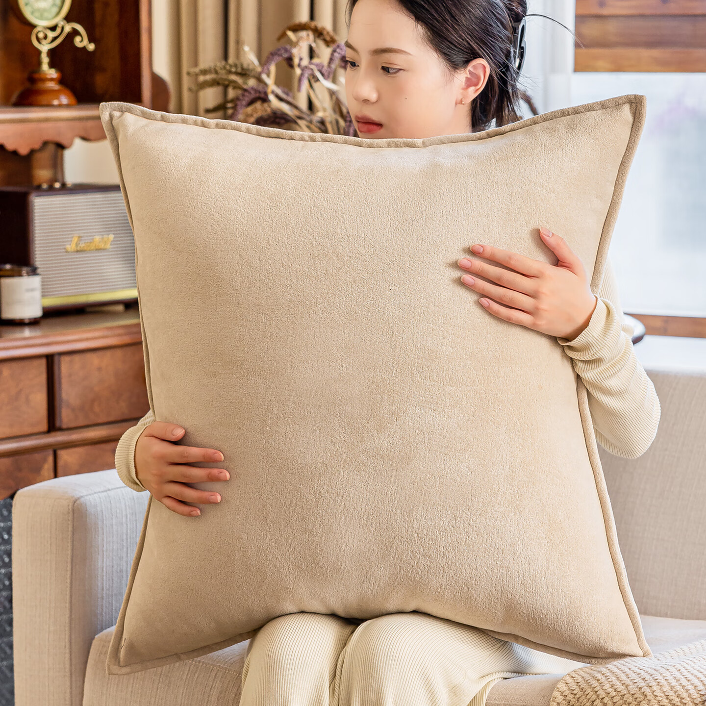 乐唯仕2025新款沙发抱枕客厅轻奢高级感绿色抱枕套高端靠垫大号方形靠枕 春颂-米色(高定款) 55cm*55cm 含枕芯