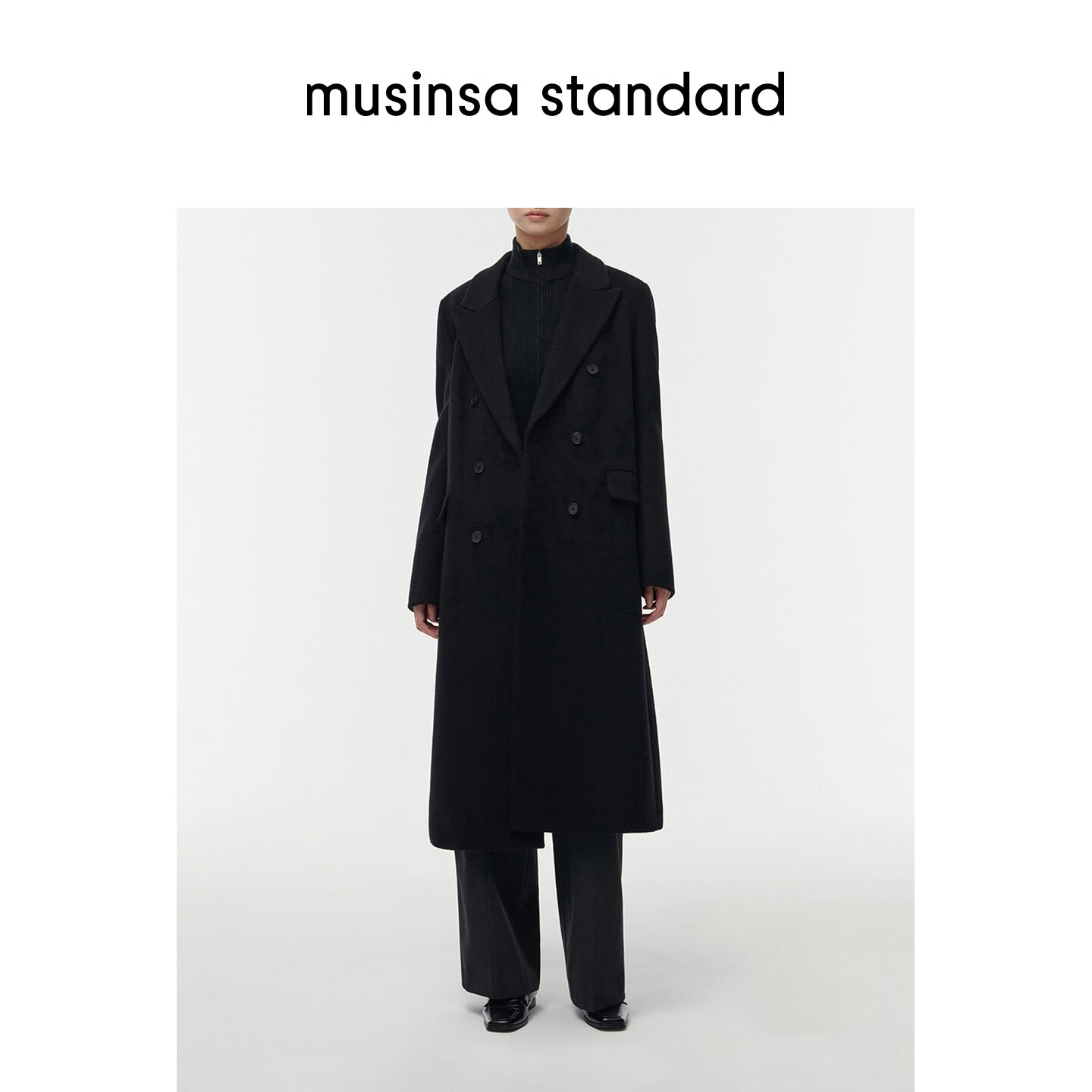 MUSINSA STANDARD【含羊绒羊毛】韩国秋冬显瘦复古百搭双排扣长大衣 黑色(BK) L