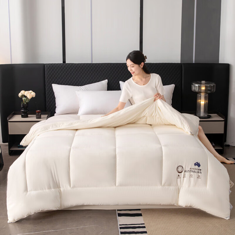 恒源祥羊毛被澳洲进口春秋被冬被双人被子单人学生宿舍10斤保暖被芯加厚 方格款-米色 150*200cm 【4斤夏被】