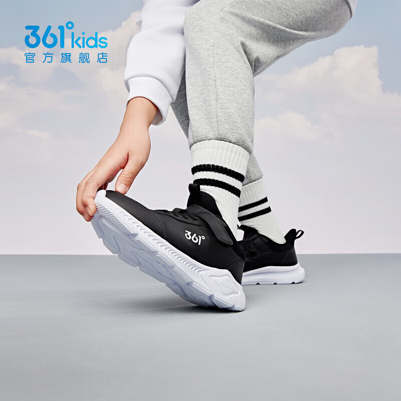 361°儿童运动鞋男童跑鞋秋冬密网轻便魔术贴女童皮革加绒保暖运动鞋 【皮革】碳黑/361度白 35