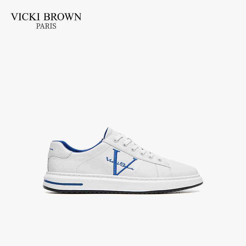 未毕（VICKI BROWN）法国品牌VB男鞋【冠军系列】简约潮流板鞋轻奢刺绣舒适防滑休闲鞋 白蓝色 37