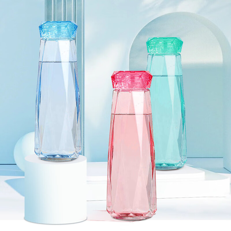 mikibobo钻石玻璃随身杯随手便携水杯不易漏水 400ml*2个装 红色2个