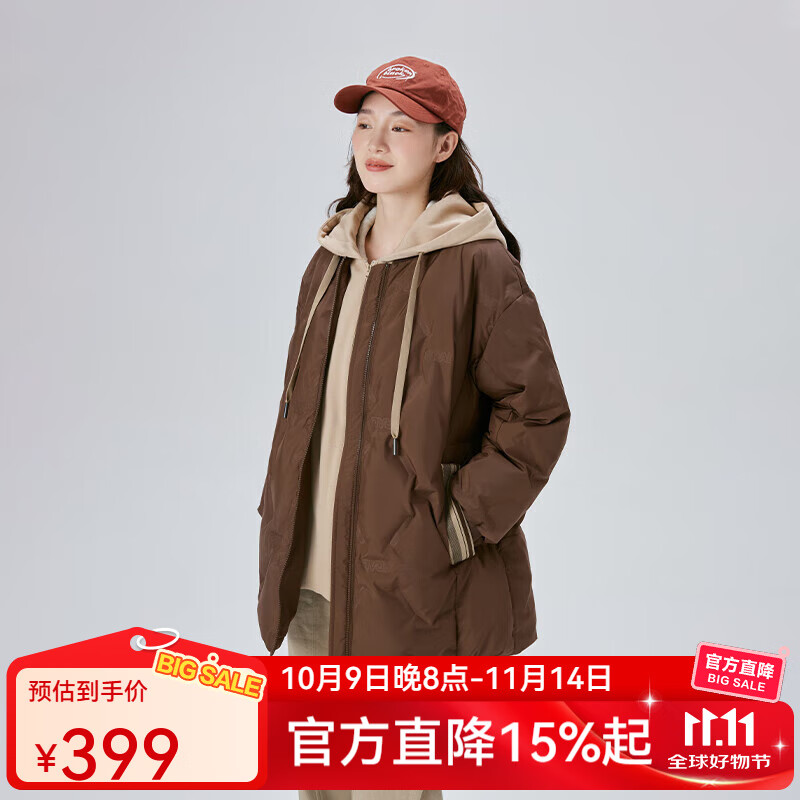 艾萊依（ERAL）冬季新款假兩件羽絨服女連帽寬松時尚保暖棒球服外套 蜜茶棕 S 155【建議80-110斤】