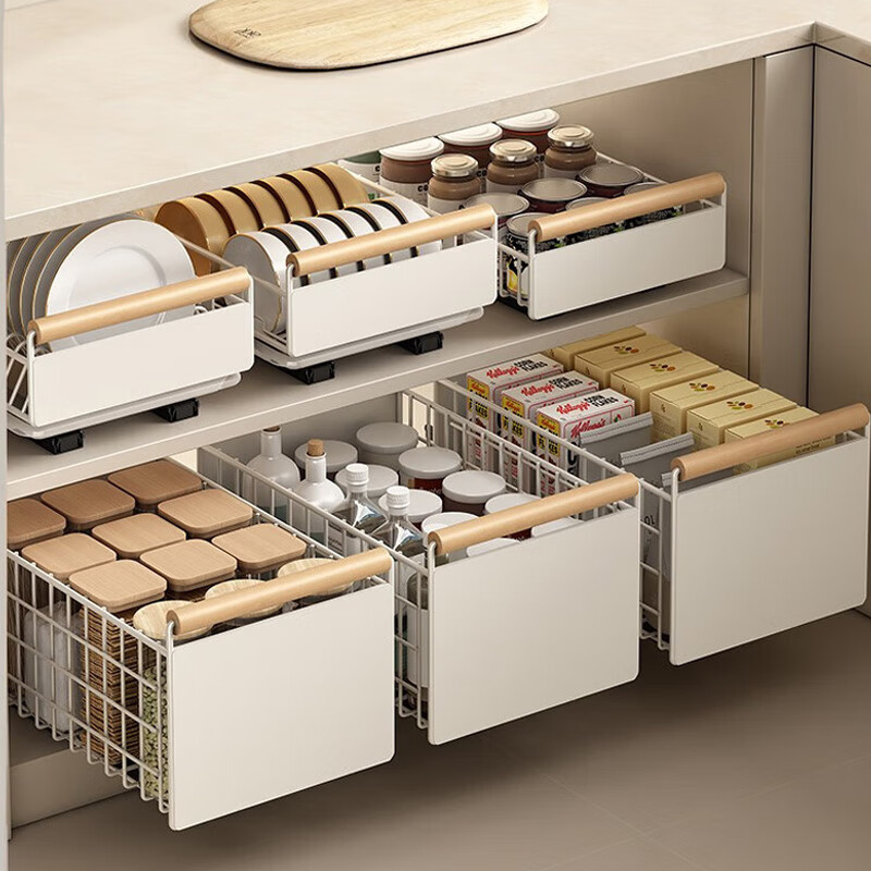 享乐屋抽拉式置物架厨房拉篮抽屉式免安装调料收纳下水槽分层架茶几 高款置物架【碳钢+原木】