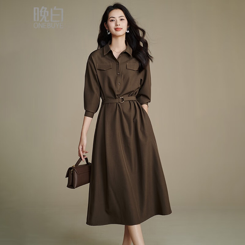 晚白【新品】2026春季收腰显瘦裙子优雅时尚百搭宽松大码长袖连衣裙 深咖色 L
