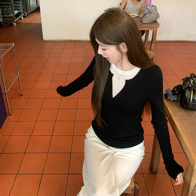 俞兆林针织衫女春秋季2025新款外穿V领修身显瘦内搭打底衫假两件上衣女 黑色 【柔软亲肤遮肉显瘦】 均码 【适合80-140斤】