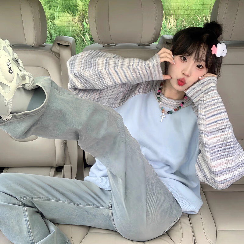 相伊恋人毛衣女外穿针织衫25秋冬新款潮流外套慵懒风保暖圆领套头拼接外衣 蓝色【奶油显瘦抗起球】 均码