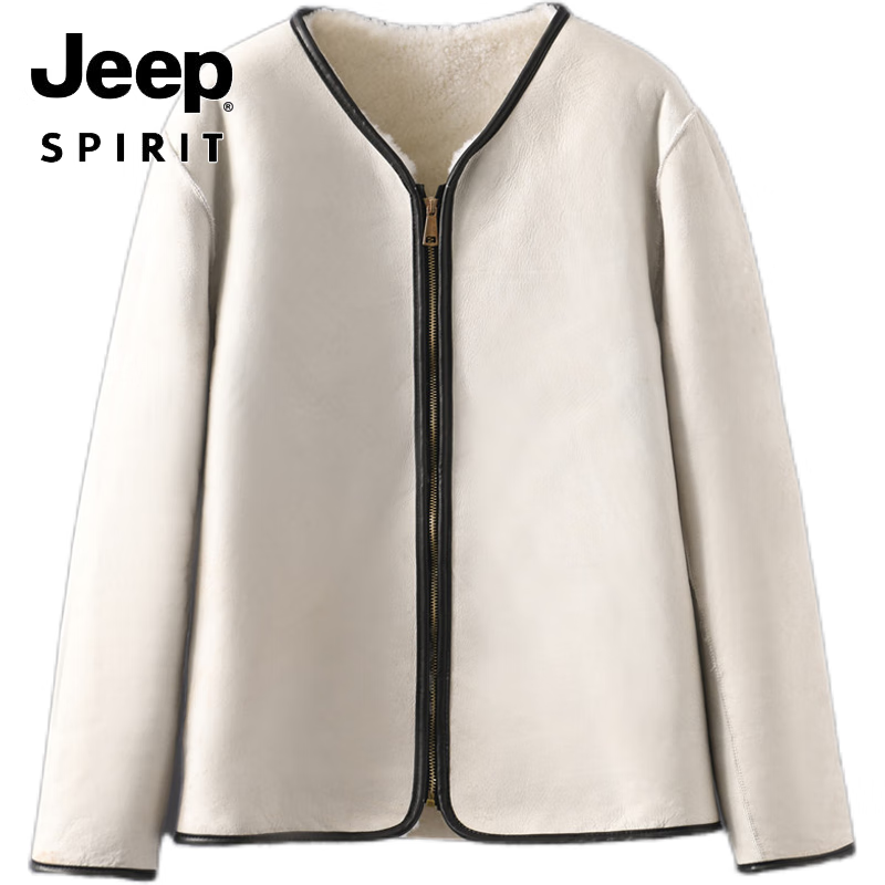 JEEP SPIRIT冬季纯羊皮棉袄整张绵羊皮毛一体羊剪绒大衣保暖防寒棉服上衣外套 圆领拉链款 2XL 皮毛一体【130-150斤】