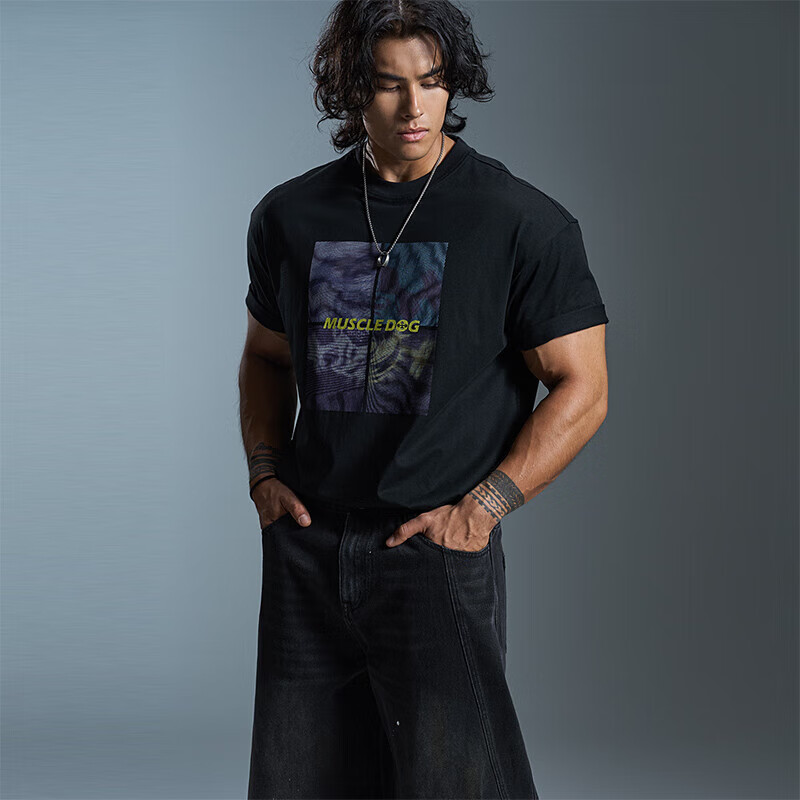 MUSCLE DOG肌肉狗 短袖T恤男2025新款波普LOGO印花圆领宽松运动训练健身上衣 咖色 3XL