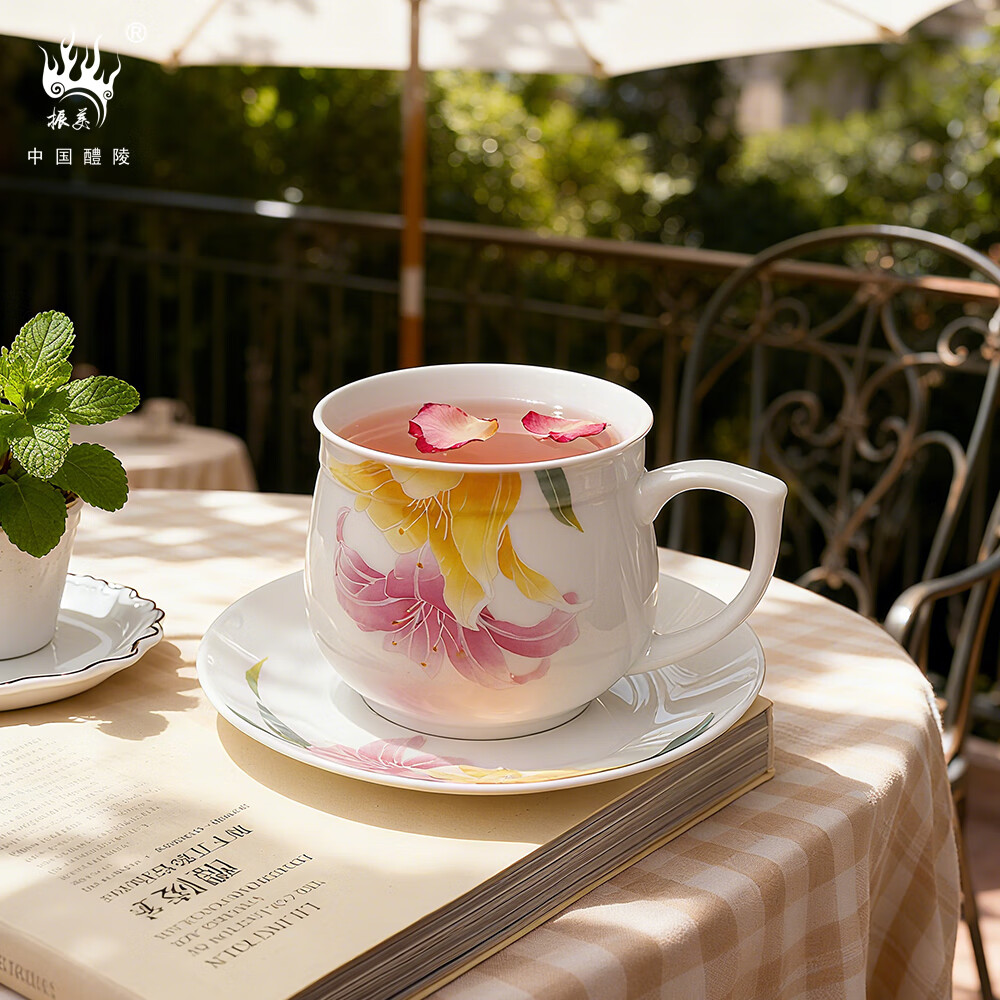 振美美人杯醴陵陶瓷马克杯办公室喝茶杯咖啡杯 喝水杯子女士 伴手礼物 美人单碟单杯400ml