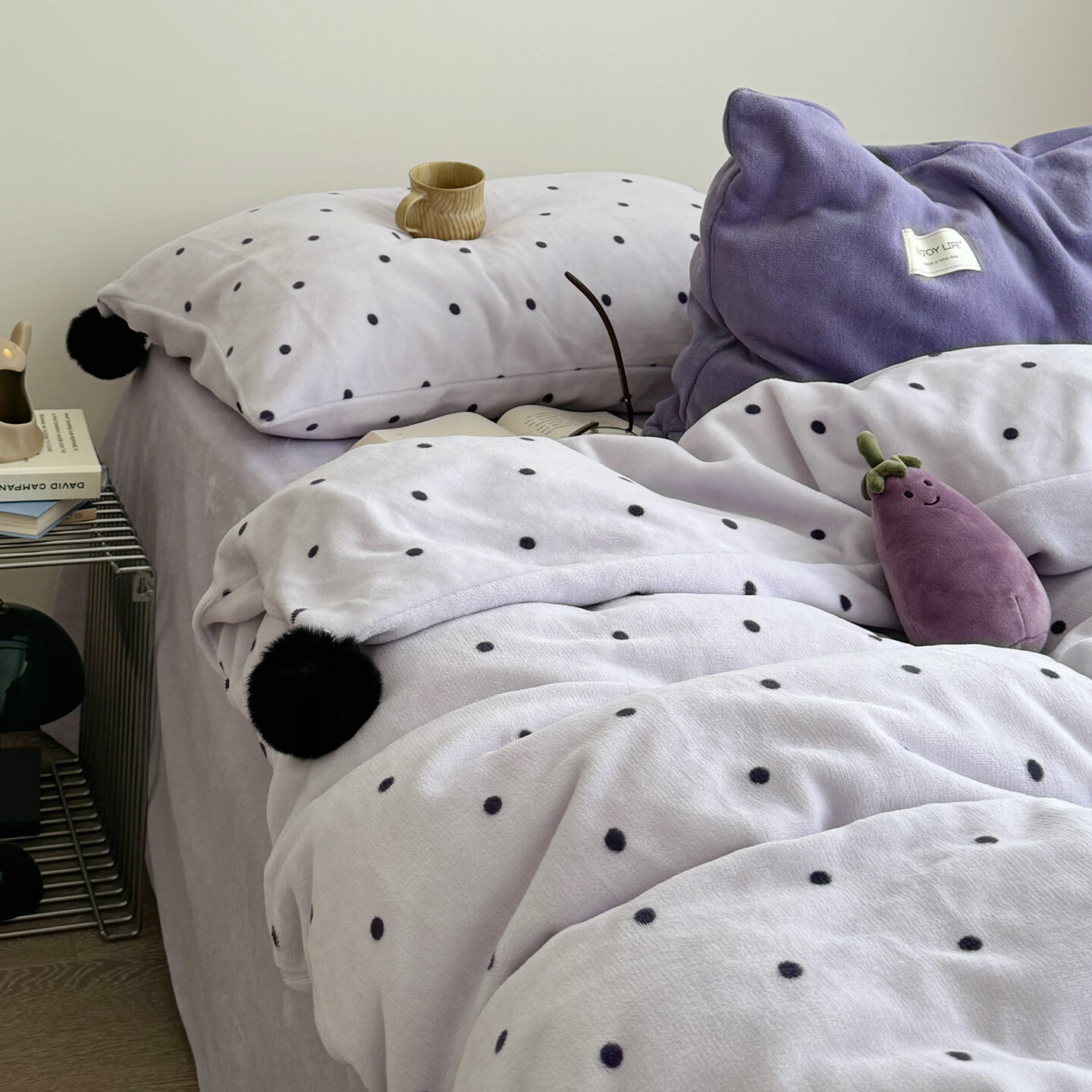 苏萱ins芋泥紫牛奶绒四件套冬天双面加绒珊瑚绒毛球被套床单床上用品4 波点紫-枕套混搭 2.0m 床单款 四件套-被套220x240cm