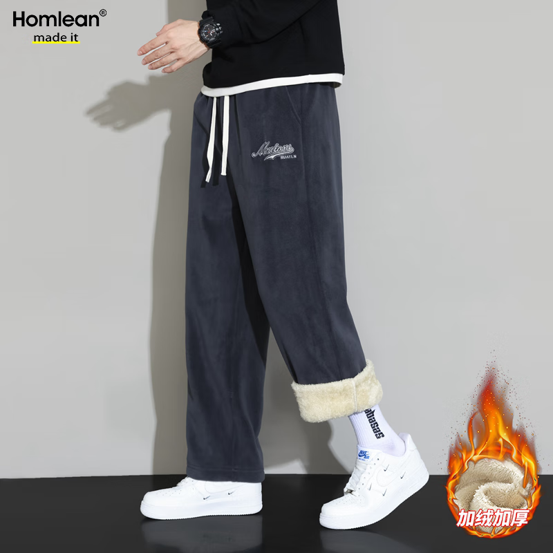 Homlean秋冬加绒直筒休闲裤男加厚防风保暖宽松运动卫长裤子HN56深灰3XL