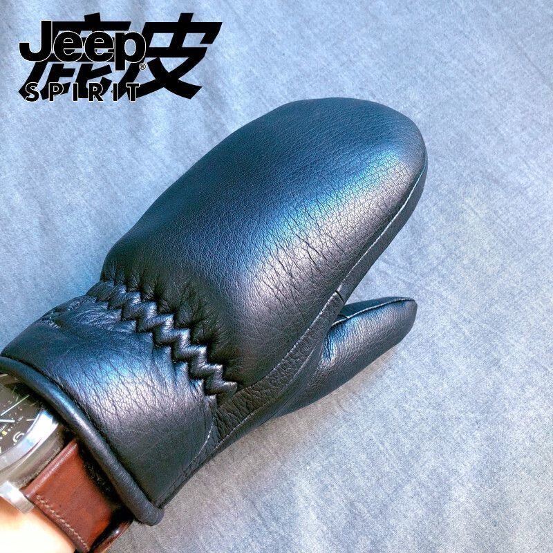JEEP SPIRIT高端真皮手套男女士冬季保暖加厚全连指鹿皮棉手闷子骑行 男均码鹿皮手套