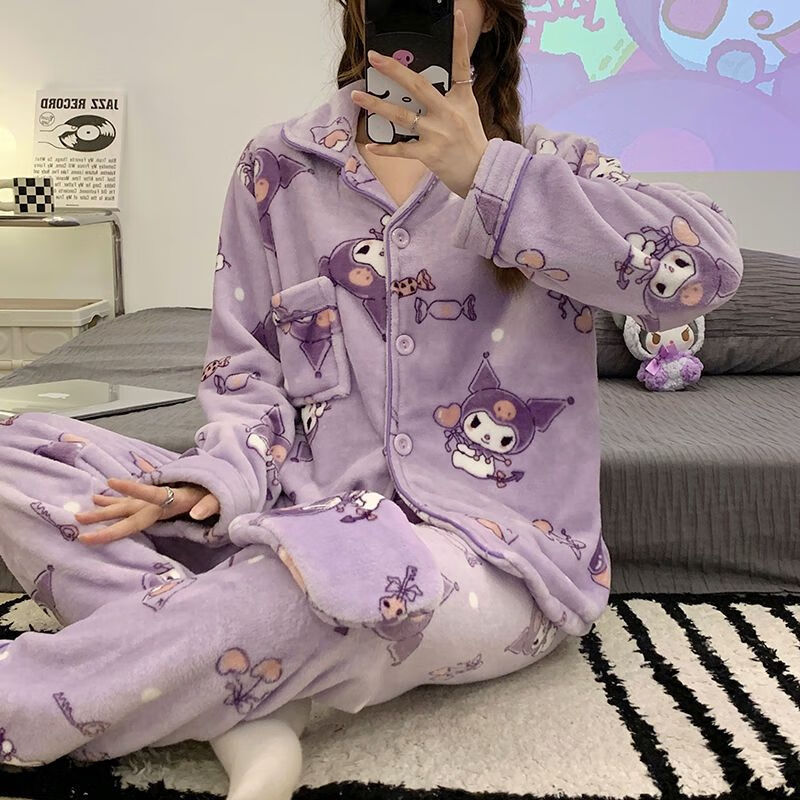 维多利亚的格调加绒加厚秋冬季睡衣女法兰绒珊瑚绒卡通猫咪学生家居服套装可外穿 绒-凯蒂猫 【无眼罩】 L 【95-115】