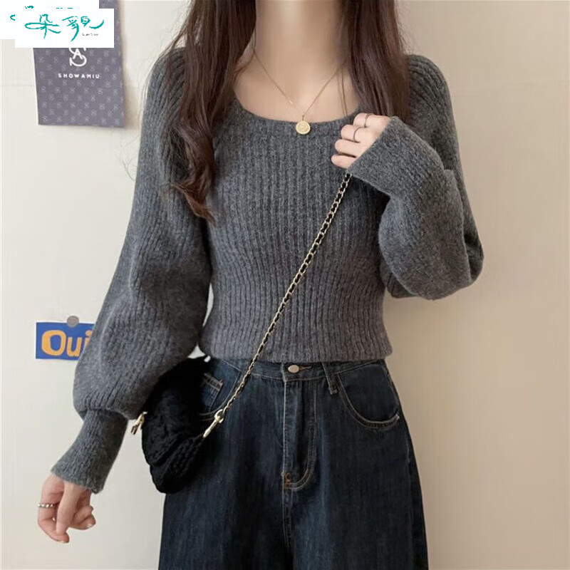 朵貌秋冬2025年新款气质方领收腰灯笼袖打底毛衣外穿温柔风女慵懒上衣 杏色 均码 建议70120斤