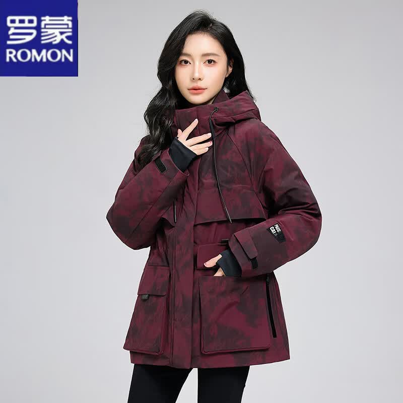罗蒙（ROMON）派克羽绒服女2025冬季新款中长款连帽收腰修身时尚百搭工装外套潮 酒红色 S 90-125斤