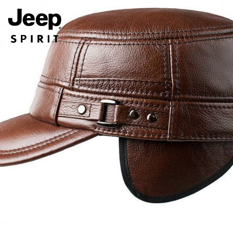 JEEP男士帽子牛皮鸭舌帽中老年人秋冬季冬天皮帽名牌男帽豪华 加护耳2025新款黑色牛皮 均码 质保可调节款