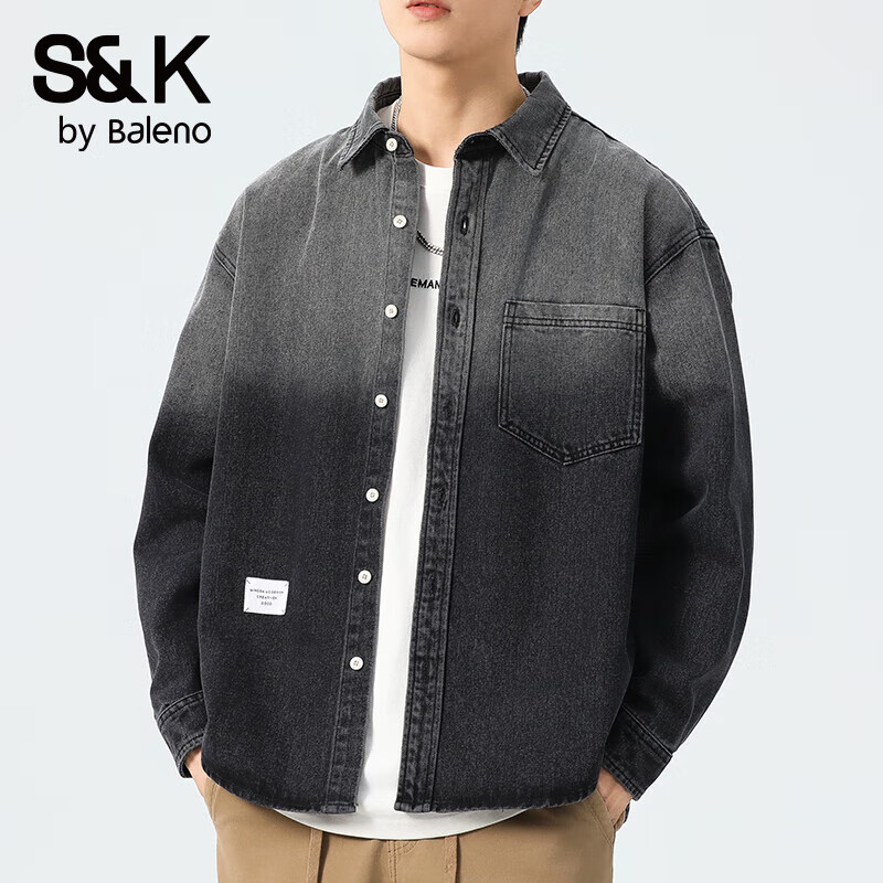 班尼路S&K系列美式重磅水洗渐变牛仔外套夹克男士秋季宽松百搭工装衬衫 黑色 L 推荐128-145斤