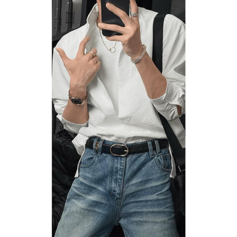 星禾莱假两件立领白色长袖衬衫男美式痞帅衬衣秋季潮牌设计感宽松叠穿 黑色 XL 130-150斤