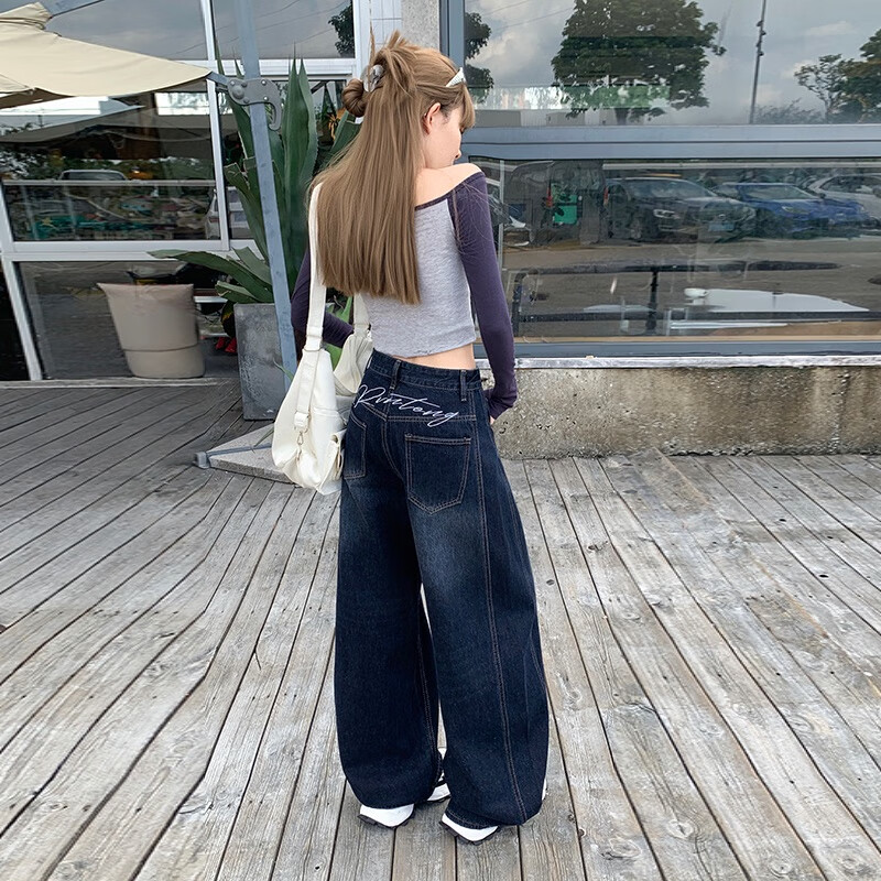 帅西欧美式复古刺绣弯刀阔腿牛仔裤女2025秋季新款高腰直筒宽松拖地裤 兰灰 加长 XL 【120斤-129斤】