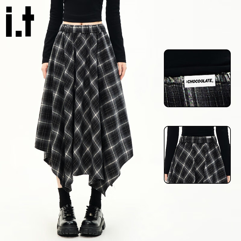 :CHOCOOLATE  it女装裙子不规则设计格纹半身裙女2025春秋新款宽松休闲长裙女 黑色 L