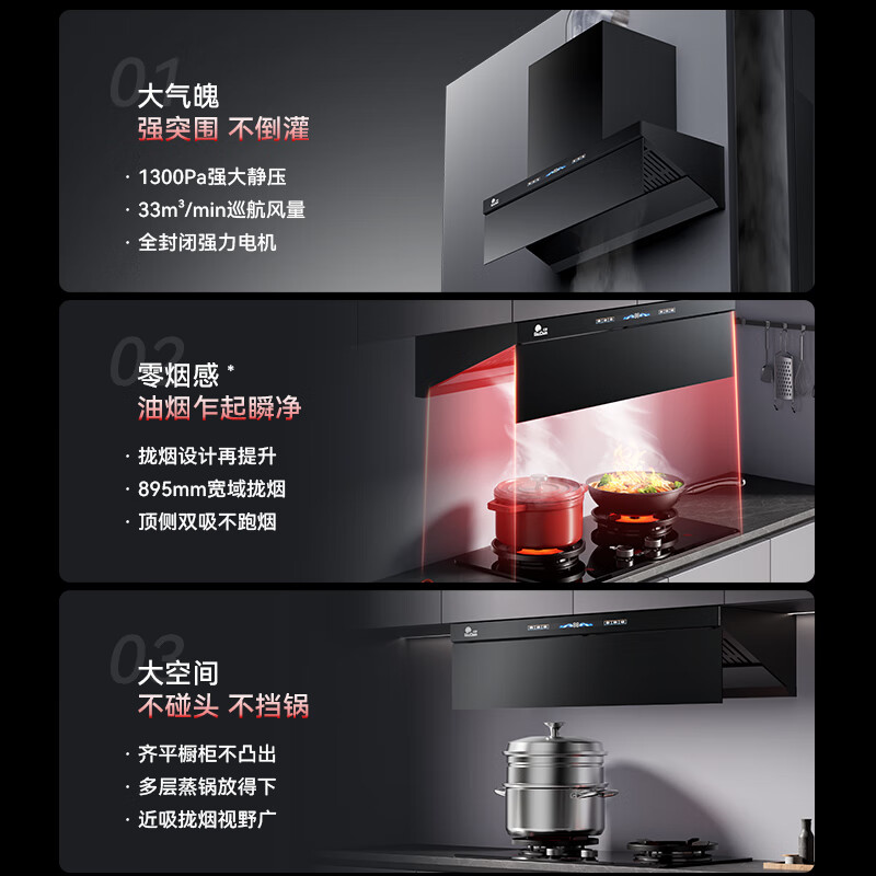 RedSun挥手触摸体感双控直流变频铜线电机33m³澎湃大吸力P6热除油清洗1300pa静压顶侧双吸抽油烟机 P6+70%高热效率免改孔定时聚能红外灶DX20 天然气