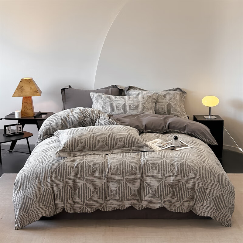 恒源祥（hengyuanxiang）简约北欧风四件套全棉纯棉男孩床单被套罩学生宿舍三件套床上用品 几何菱形-灰色 床单款 1.5m四件套