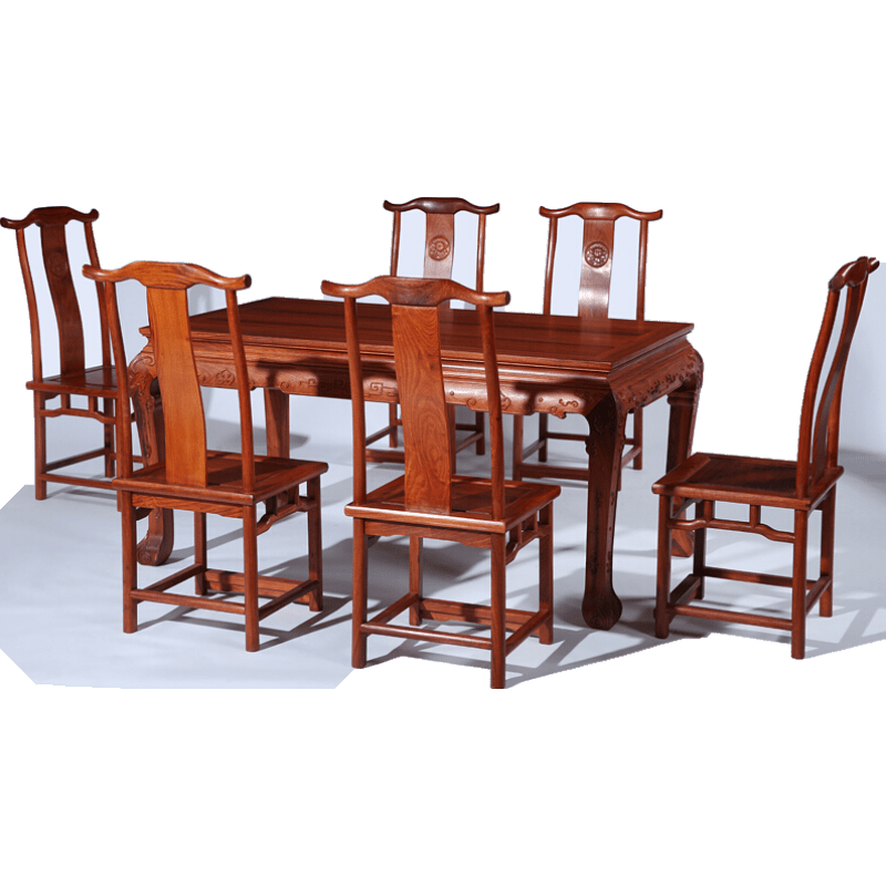 贡艺名居 红木家具缅甸花梨(学名:大果紫檀)中式餐厅系列  实木虎脚餐桌七件套