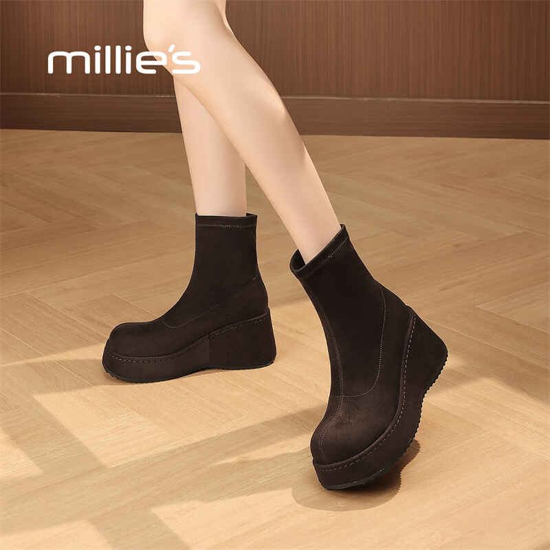 妙丽短靴女厚底轻便圆头休闲潮流短筒弹力2025冬季新款百搭气质时装靴 红咖色 36 (230mm) 标准码