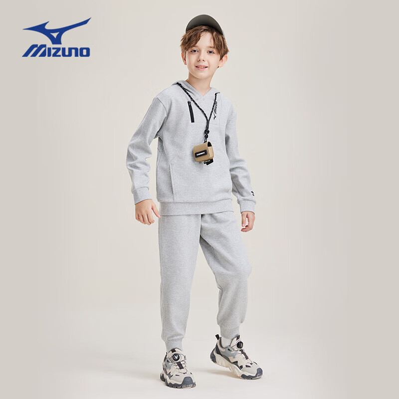 美津浓(MIZUNO)春秋新款男童长袖卫衣卫裤套装中大童连帽衫潮流户外运动 花灰色 120 cm
