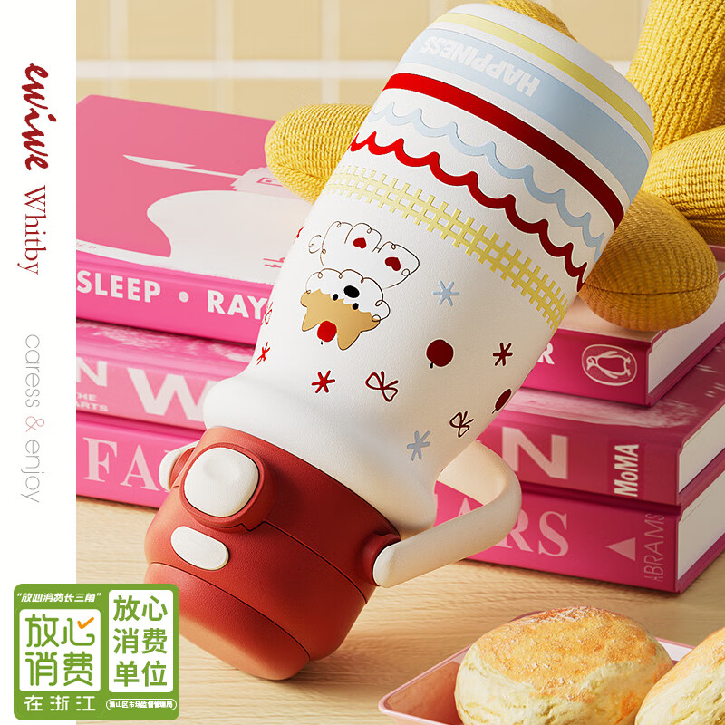 EWIWE新款卡通布拉拉保温杯男女孩防摔一杯双饮大容量便携吸管水杯 红色/食品不锈钢材质/约500ml