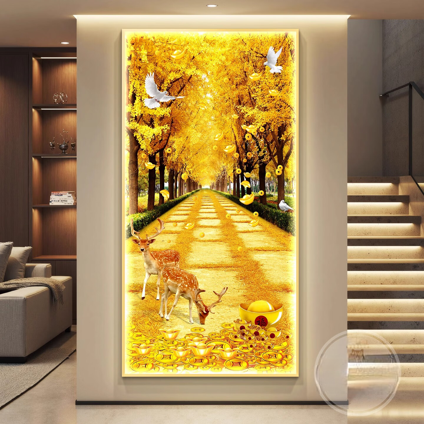 科芝现代简约麋鹿玄关墙装饰画客厅走廊过道挂画竖版壁画带灯2025新款 Z7234-黄金满地 50*100(建议0.7米-0.8米的墙面) 质感纹理面 PS环保金框