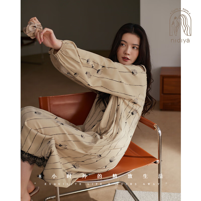 妮狄婭睡衣睡裙女秋季長(zhǎng)袖柔軟棉質(zhì)高檔復(fù)古中長(zhǎng)裙春秋季法式氣質(zhì)家居服 燕麥卡其色TF25327 L (165) 【參考體重105-125斤】