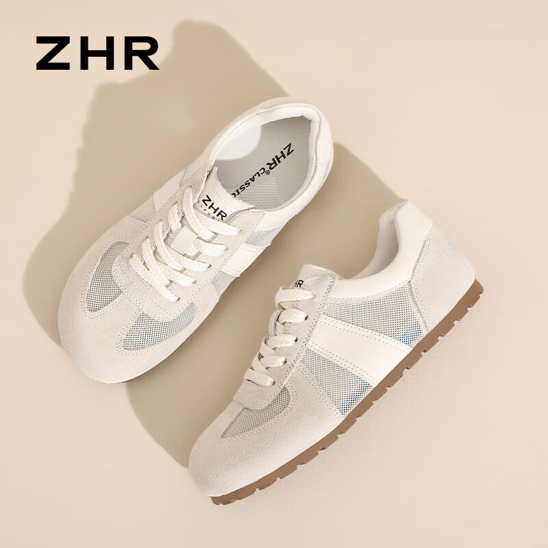 ZHR则则透气网面德训鞋女平底软小白鞋板鞋新款轻便百搭ins休闲鞋女鞋 米灰 36