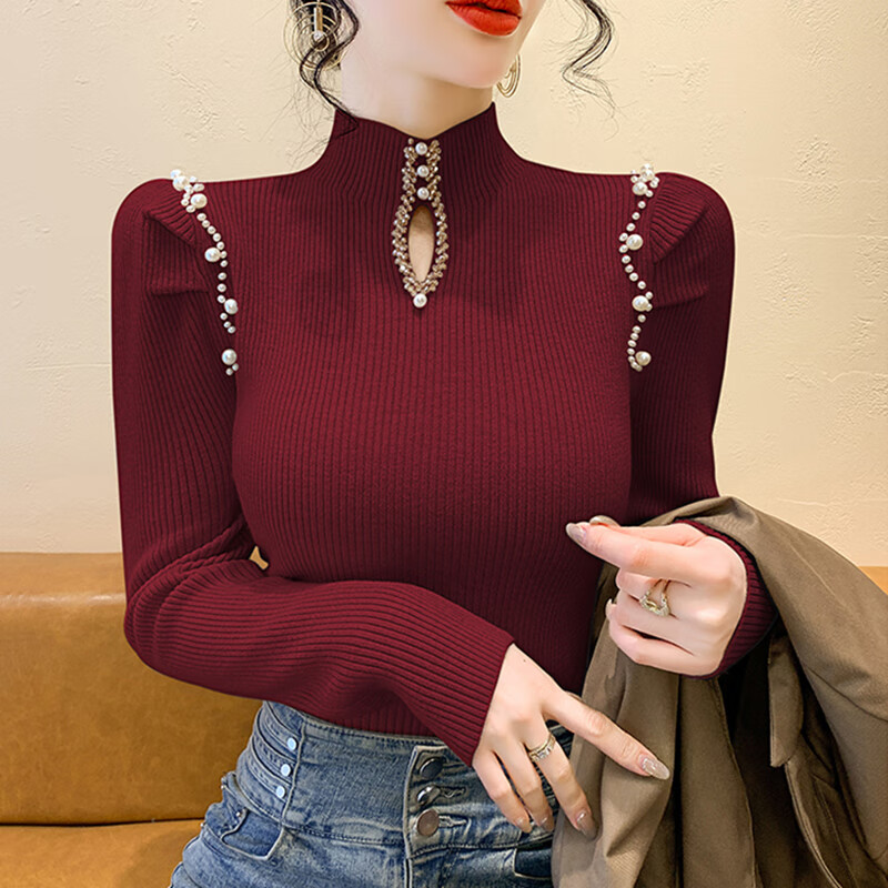 香影纯高级感时尚半高领打底衫女秋装2025新款别致珍珠内搭上衣长袖毛衣 黑色【高品质】 3XL (建议135-150斤)