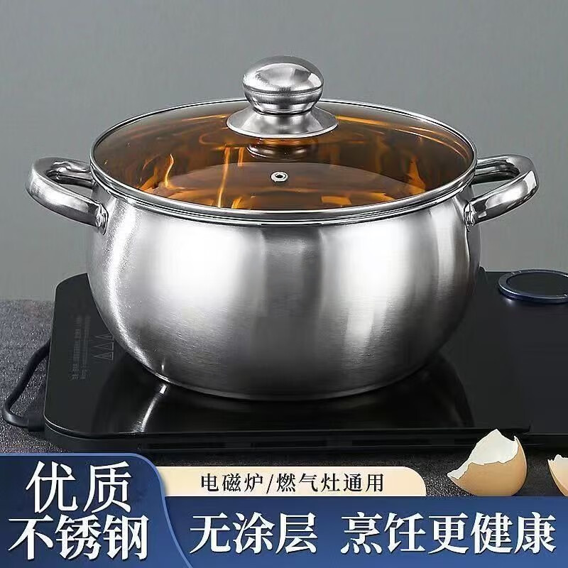 雅诗奈不锈钢汤锅加厚家用加高煲汤大容量煮粥炖锅蒸锅火锅适用多种炉灶 加厚款不锈钢本色【送透明锅盖】 24cm