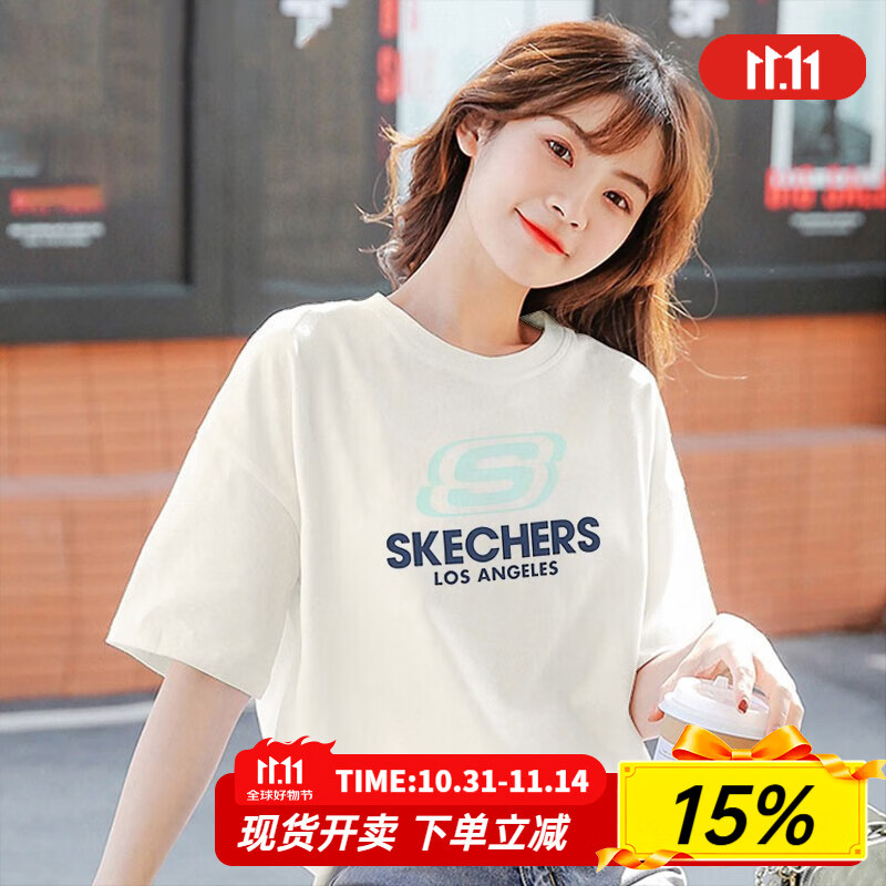 斯凯奇（Skechers）短袖女夏季男2025新款纯棉t恤情侣透气宽松圆领运动男女同款半袖 棉花糖白 版型偏大 L /1