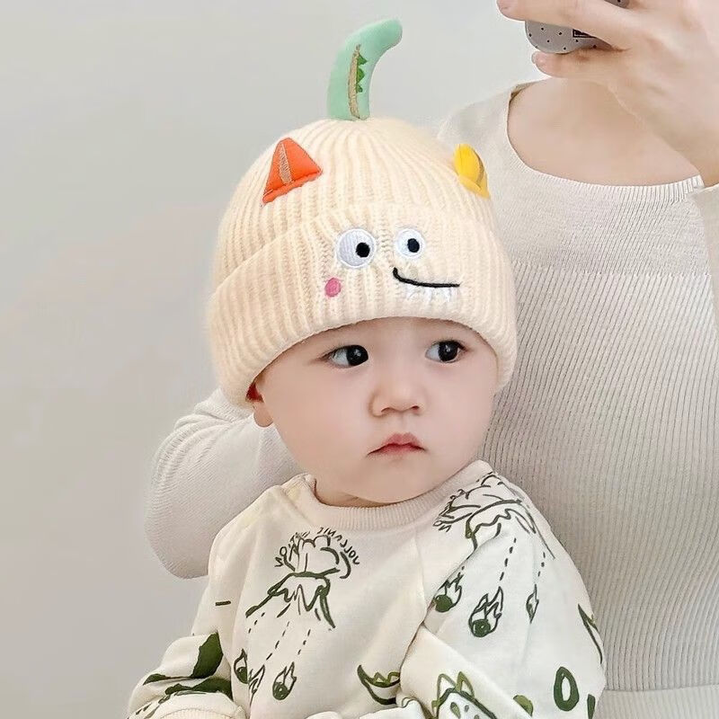 G.duck小黄鸭男女童毛线帽秋冬超萌搞怪婴幼保暖加厚宝宝防寒针织套头帽 表情尾巴针织帽-米色 建议0-17个月(帽围35-46cm)