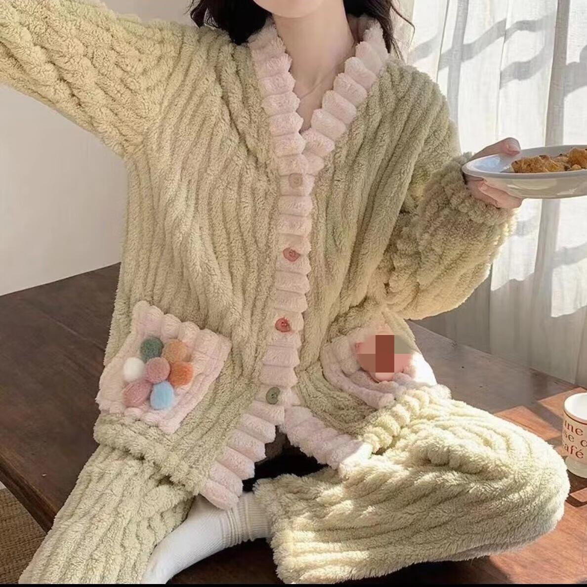 诗莉奥（SHILIAO）彩虹开衫睡衣女法兰绒套装秋冬季保暖仙女风睡袍可外穿甜美家居服 彩虹绿色套装 均码 【适合90-140斤】