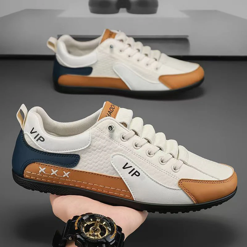 2025爆款皮面时尚百搭休闲鞋软底防滑耐磨板鞋透气男鞋h 米白色 40