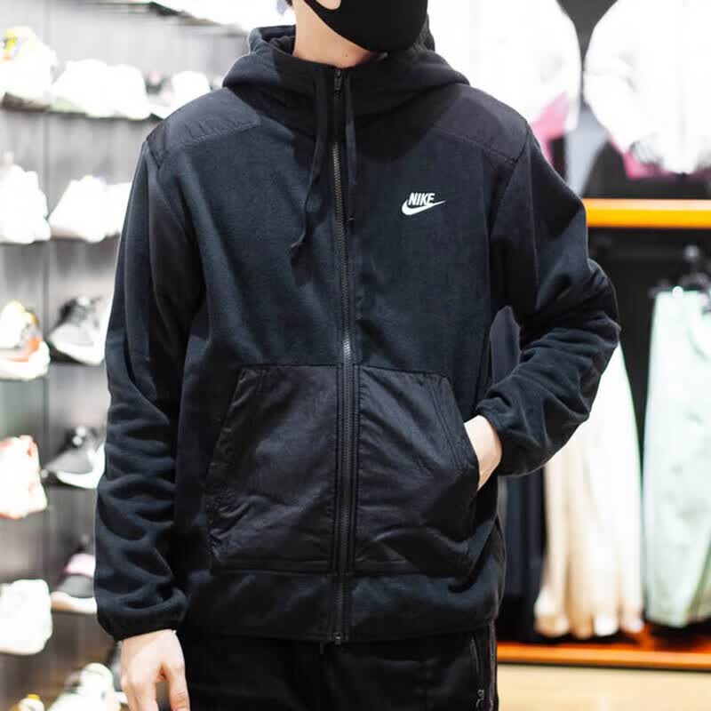 耐克（NIKE）男士外套 春季新款运动服保暖摇粒绒保暖舒适连帽夹克 DD4883-010黑色 S