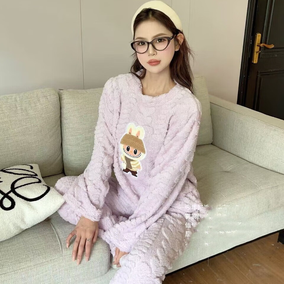 有只绵新款睡衣女珊瑚绒套装秋冬家居服宽松紧腰懒人睡裤 兔兔套装 紫色 均码 90-150